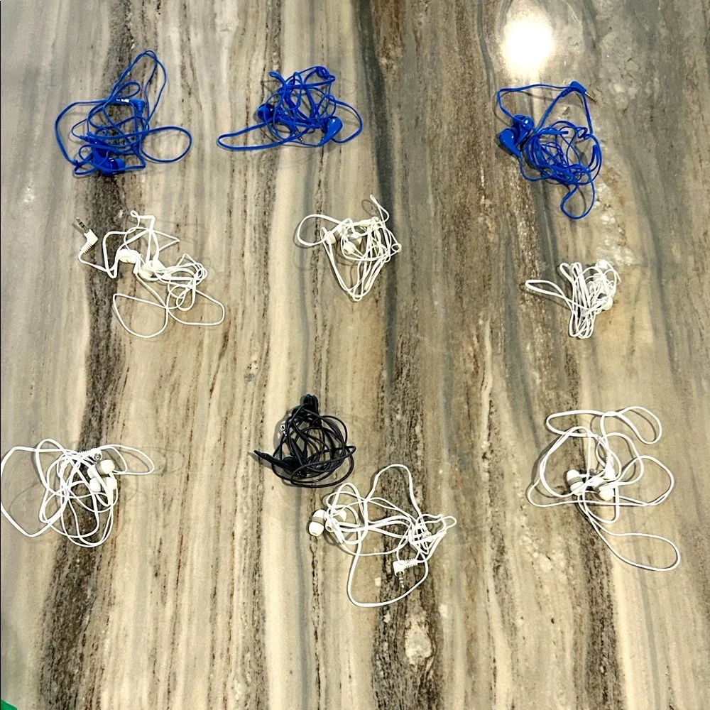 10 Wired Earphones - Black, White, and Blue plug in